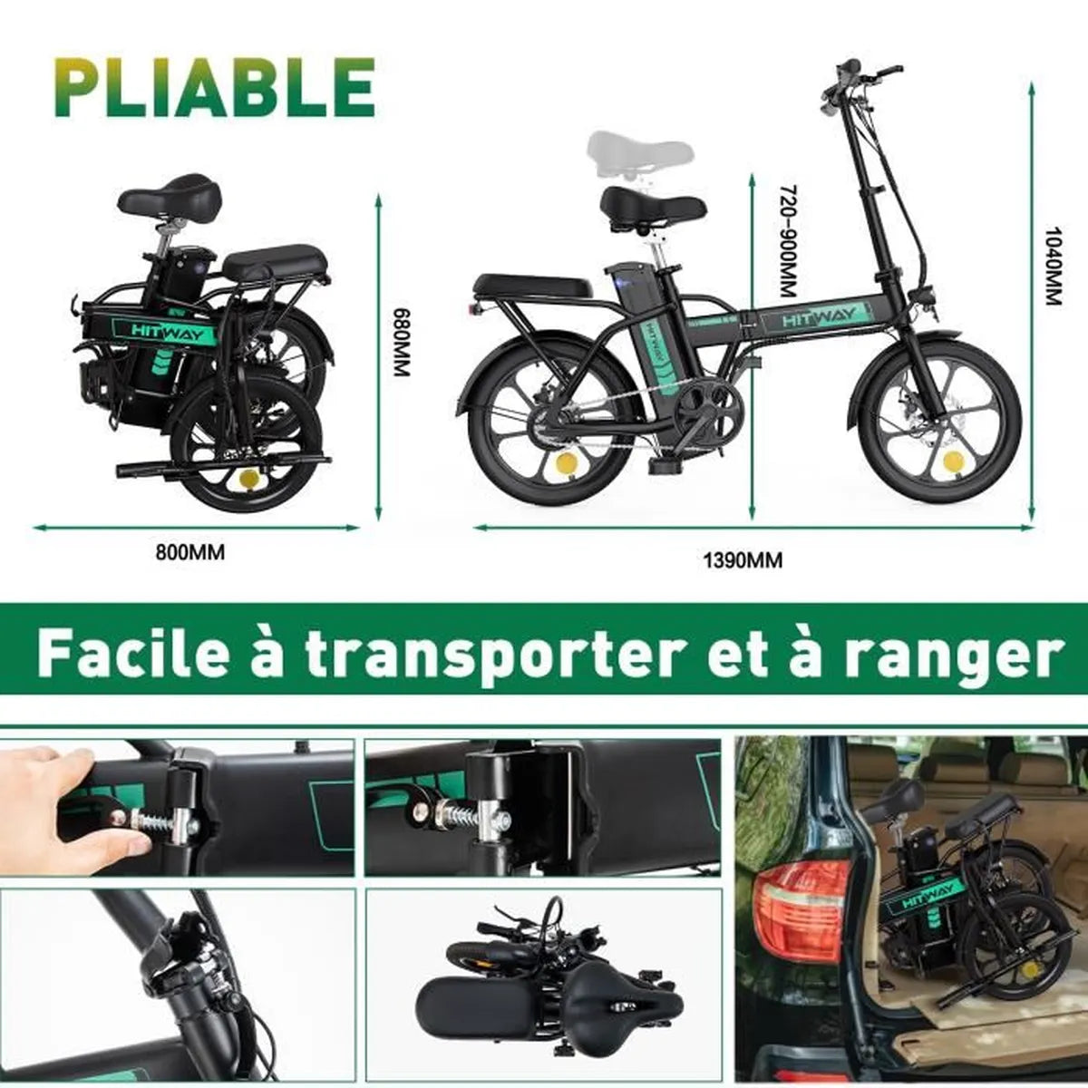 Vélo électrique pliable 16" HITWAY - Batterie 36V/8,4Ah - Pédalage assisté - Pompe à vélo gratuite