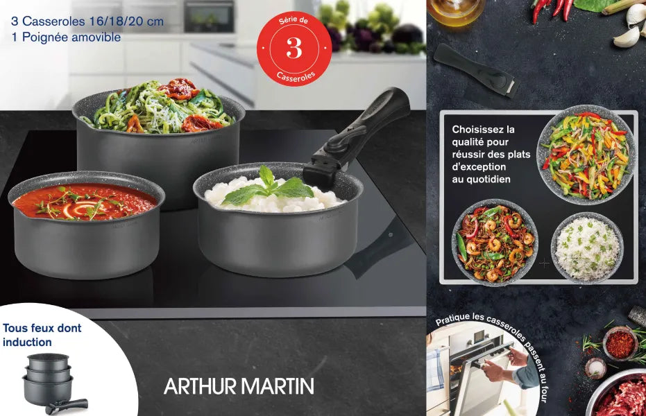 Batterie de cuisine ARTHUR MARTIN AM777GM Set de 3 casseroles - Gris Mat 16-18-20 cm + 1 poignée amovible - Tous feux dont