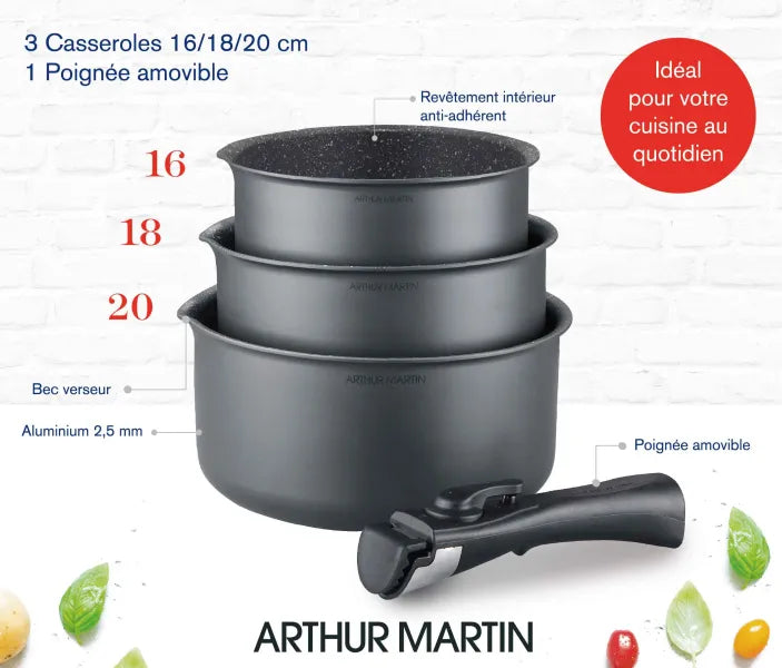 Batterie de cuisine ARTHUR MARTIN AM777GM Set de 3 casseroles - Gris Mat 16-18-20 cm + 1 poignée amovible - Tous feux dont