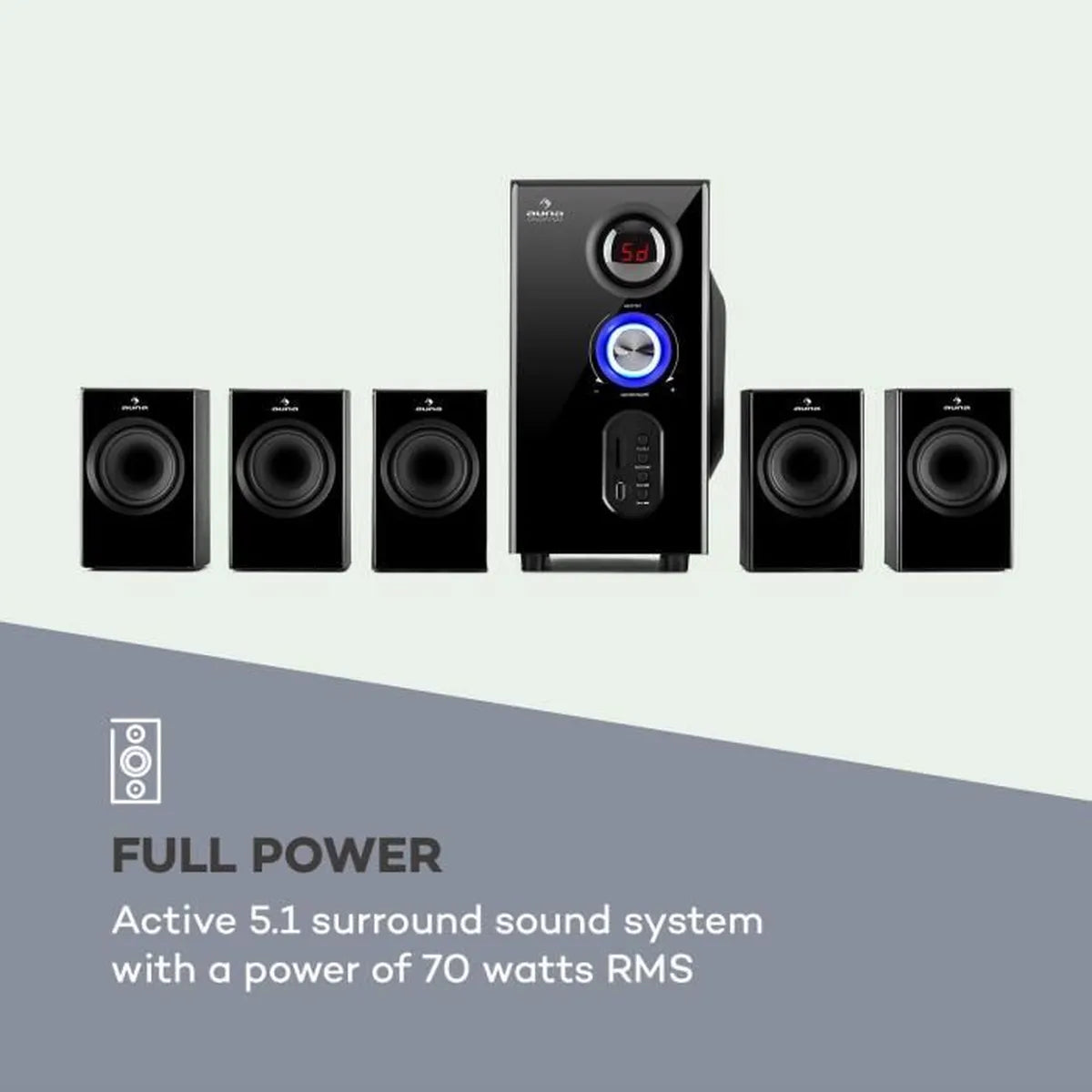 Auna Concept 520 Sistema de audio hifi Home Cinema Bluetooth 5.1 - 5 altavoces y subwoofer lateral de 6,5" - 75W RMS 