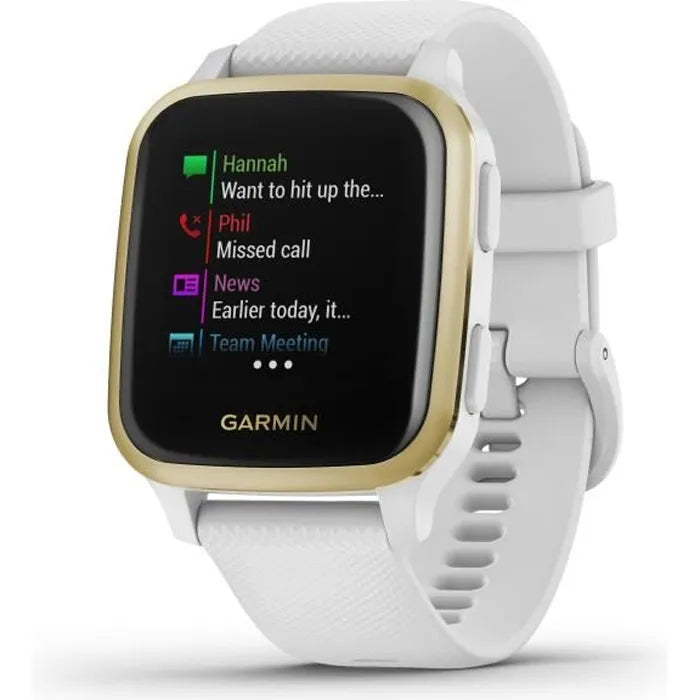 GARMIN Venu Sq - Reloj conectado de salud y bienestar - Oro claro - Correa blanca 