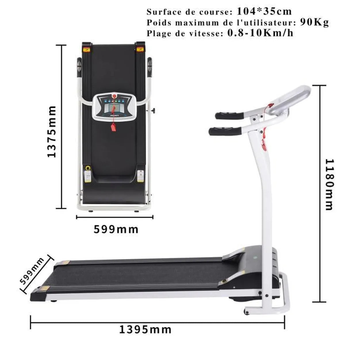 LONTEK Tapis de Course Pliable, Treadmill 10km/h Moteur 1.5CV, Silencieux, Idéal pour Maison/Bureau, Roues de Transport, 502 Blanc