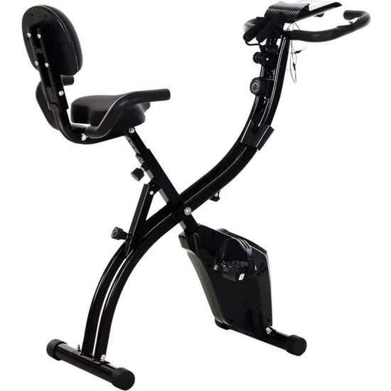 Folding exercise bike great comfort adjustable saddle backrest ergonomic handles LCD screen suspension tablet support 