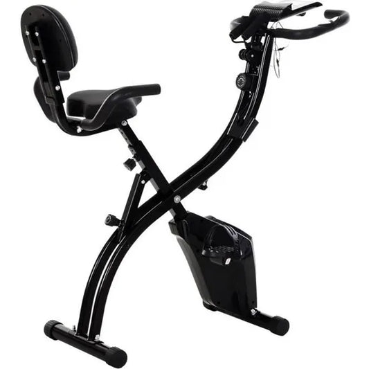 Folding exercise bike great comfort adjustable saddle backrest ergonomic handles LCD screen suspension tablet support 