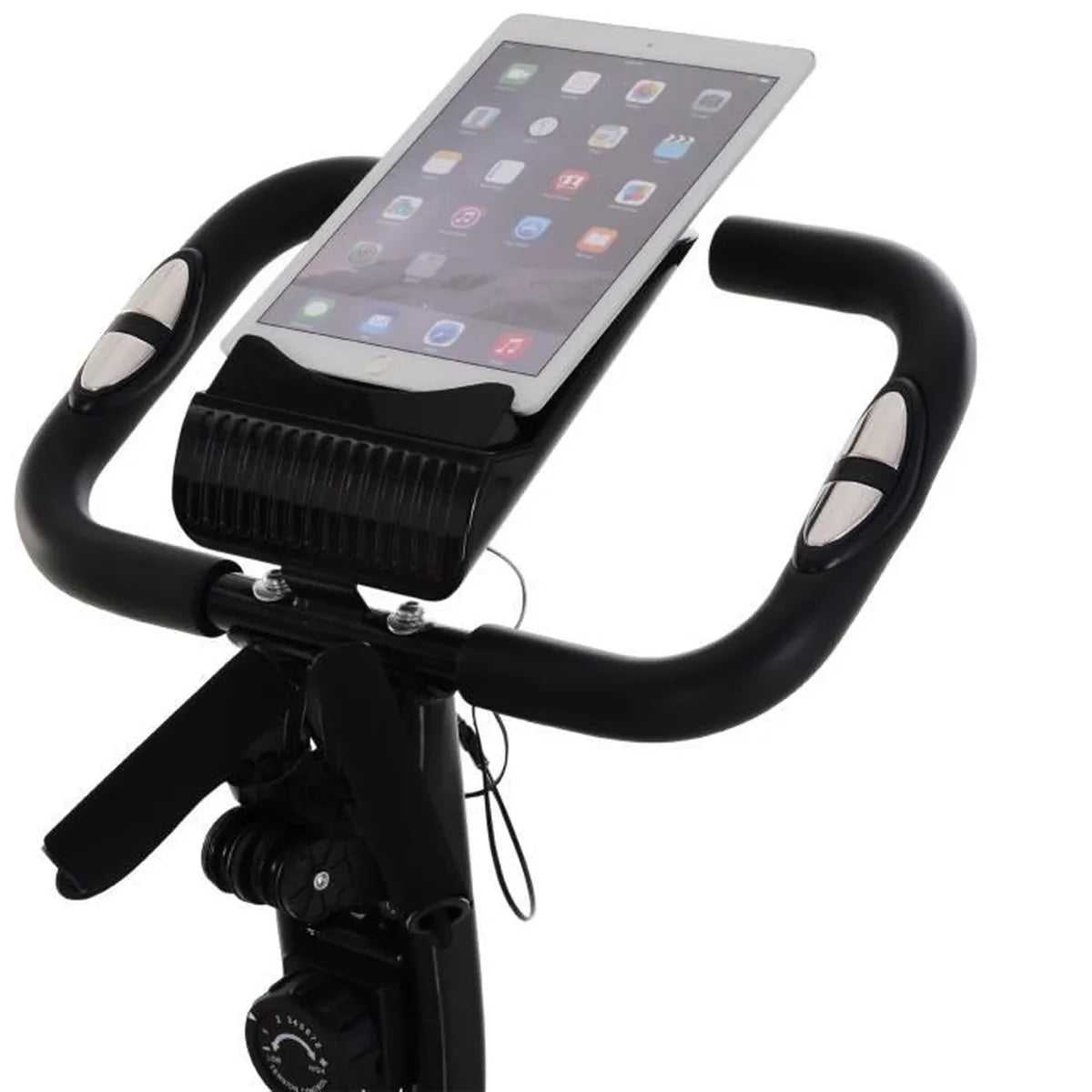 Folding exercise bike great comfort adjustable saddle backrest ergonomic handles LCD screen suspension tablet support 