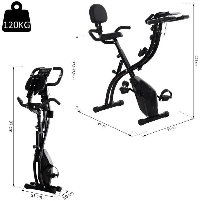 Folding exercise bike great comfort adjustable saddle backrest ergonomic handles LCD screen suspension tablet support 