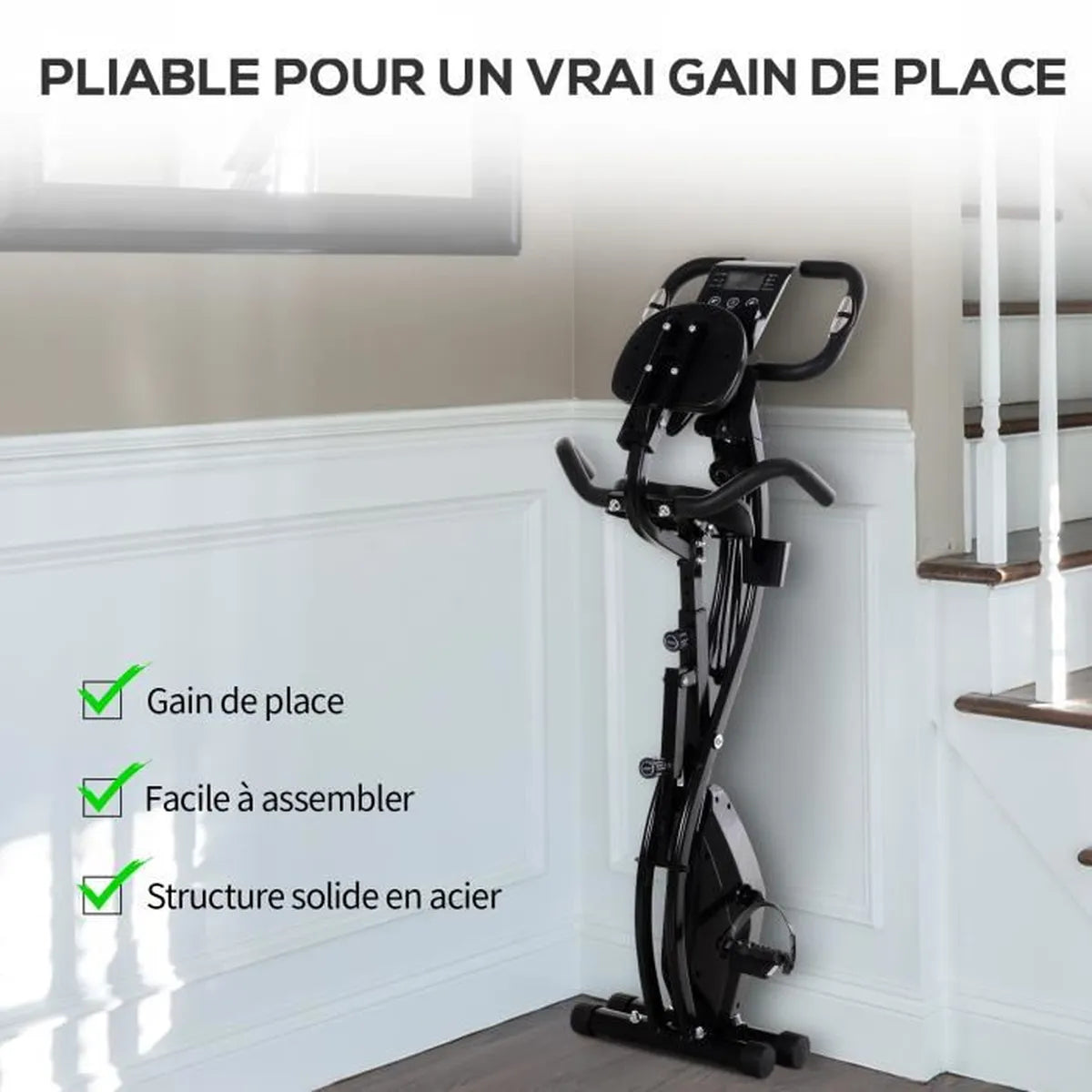 Folding exercise bike great comfort adjustable saddle backrest ergonomic handles LCD screen suspension tablet support 