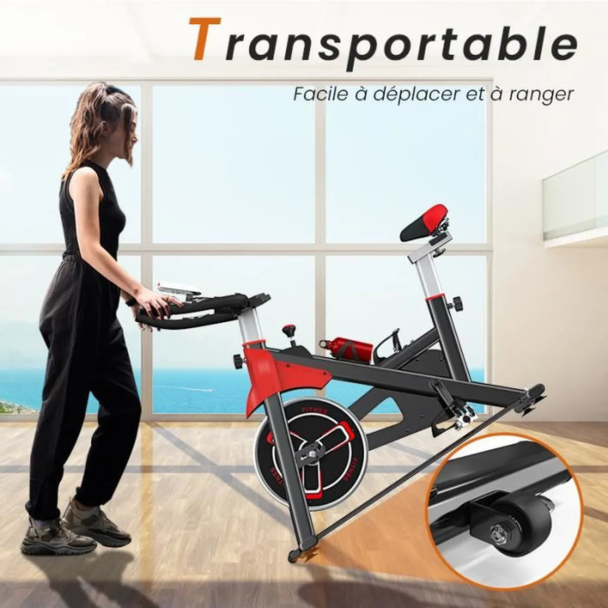 Vélo d'appartement, Roue d’Inertie 6KG, Poins max 120Avec Écran, Vélo d’Exercice, Fitness, d'Intérieur,Cardio, Noir et Rouge