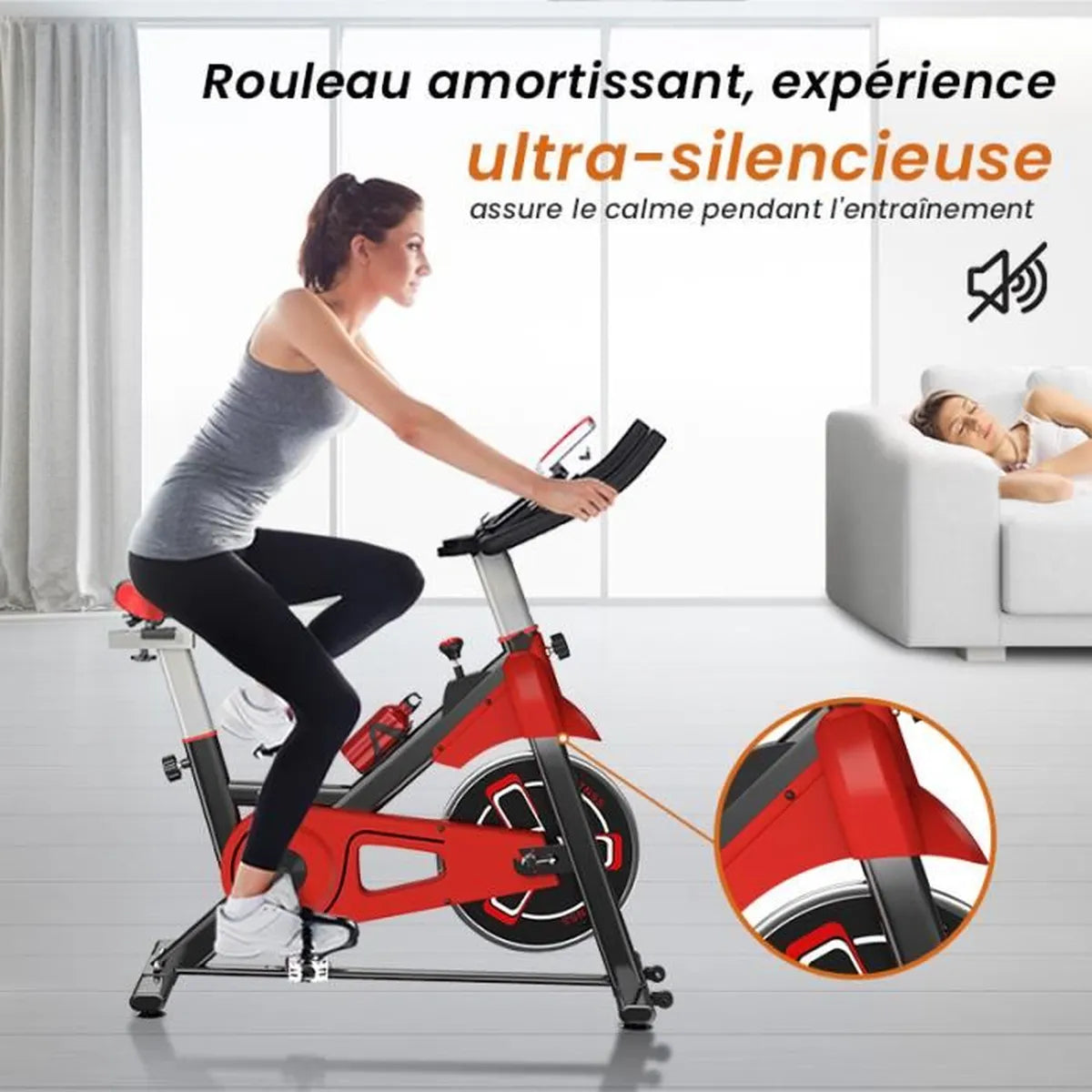 Vélo d'appartement, Roue d’Inertie 6KG, Poins max 120Avec Écran, Vélo d’Exercice, Fitness, d'Intérieur,Cardio, Noir et Rouge