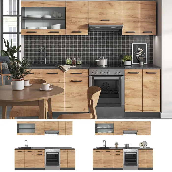 Vicco Raul kitchen, Golden oak/anthracite, 240 cm with worktop